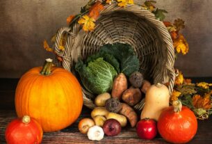 A rustic cornucopia overflowing with fresh autumn vegetables, symbolizing abundance and harvest.